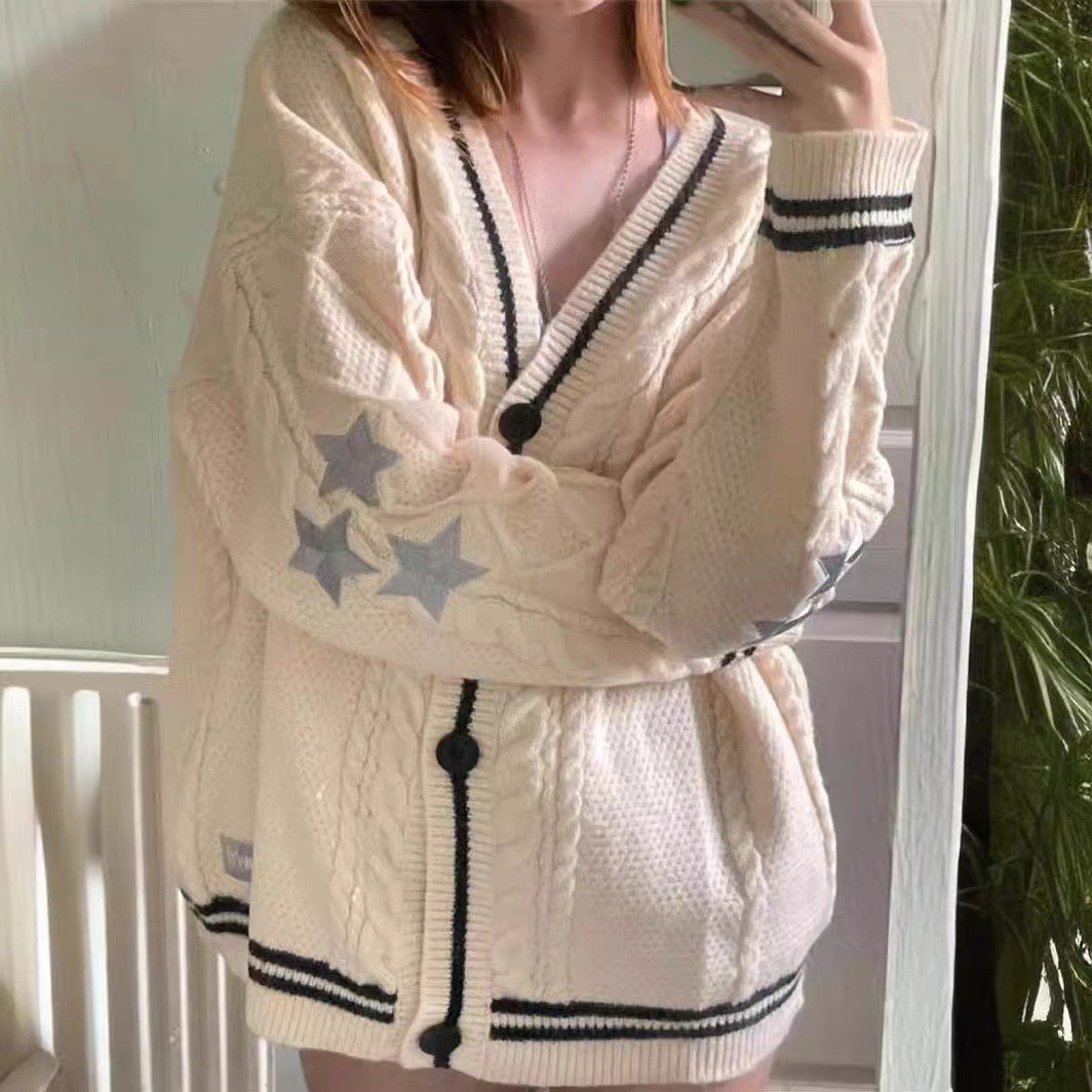 Embroidery Letter N - Женский винтажный кардиган крупной вязки с